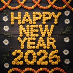 Happy New Year 2026 greeting made with yellow marigold flower typography and festive floral decoration on a dark wooden background
