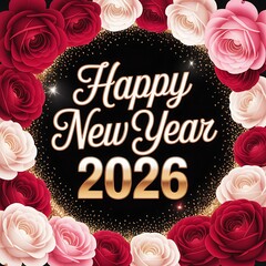 Happy New Year 2026 greeting with elegant gold typography surrounded by red and white rose flowers and sparkling festive background