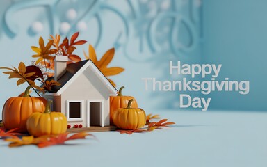 Happy Thanksgiving Day scene with miniature house, pumpkins, autumn leaves, and seasonal decorations on a soft blue background for festive celebration