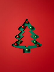 Minimalist Christmas tree cutout design with red and green baubles arranged inside a green silhouette on a bold red festive background