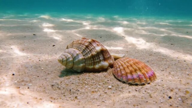 Capturing the delicate, spiraling architecture and unique surface textures of a pristine seashell resting on a sandy ocean floor, bathed in natural light.