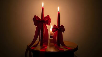 Two tall red candles with silk bows on table creating low light.