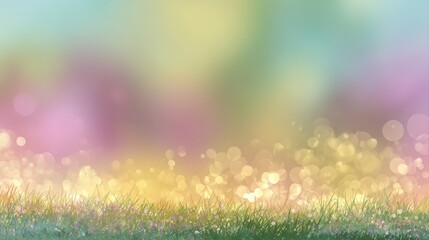 Obraz premium A vibrant, dreamy landscape featuring green grass and a soft, colorful bokeh background, a serene and uplifting atmosphere, floral rainbow background