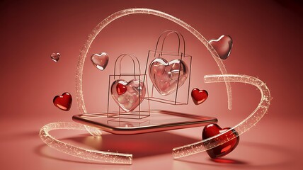 Romantic Valentine scene with transparent heart-shaped gift bags, glossy red hearts and glowing decorative elements on pink background