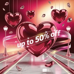 Valentine’s day sale banner with glossy pink hearts, glowing ribbon, elegant lighting and up to 50 percent discount message