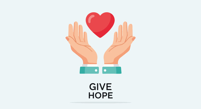 Give hope with hands holding red heart, symbol of support and love, for charity. Give hope is a conceptual visual meant to convey compassion and generosity.
