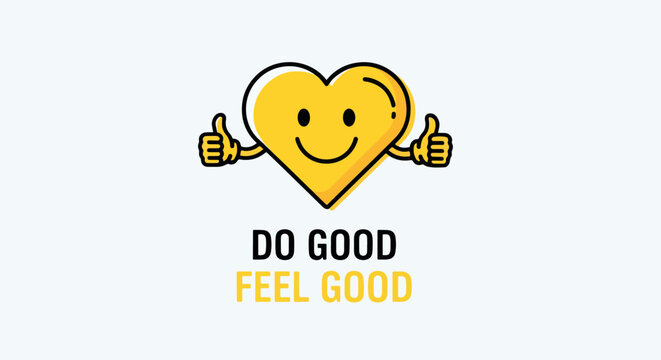 Do good illustration with smiling heart character and thumbs up gesture, do good, feel good expression. Do good deed and feel positive emotion.