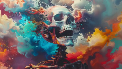 Skull and Colors: A striking artistic representation of a human skull, interwoven with an explosion of vibrant colors, creating a surreal and emotive visual experience.