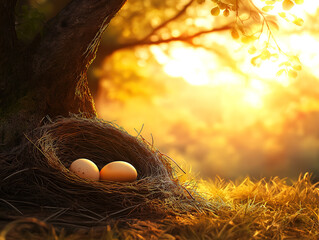 A Nest with Two Eggs in Soft Light Under the Glow of a Golden Sunrise