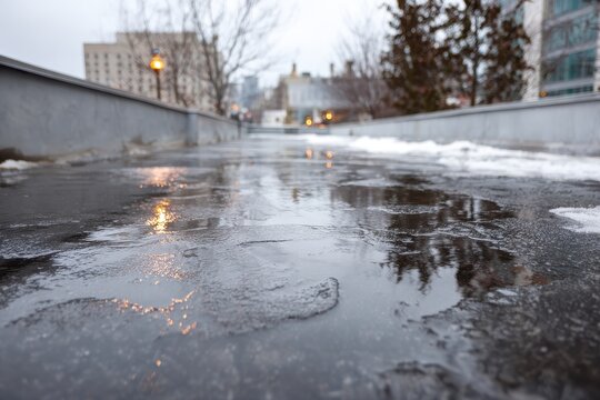 Wet urban walkway reflects city lights under overcast sky during winter season