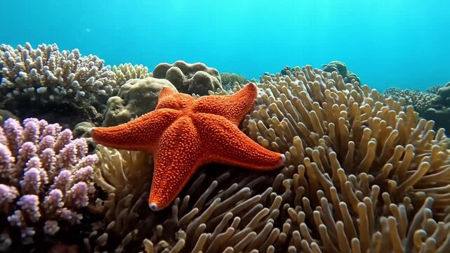 Vibrant red starfish gracefully traversing a pristine coral reef, showcasing the intricate ecosystem of its natural habitat. Underwater wide shot, tracking movement