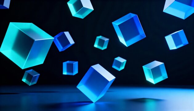 Luminous blue and cyan geometric cube shapes float in a dark, reflective void with soft ambient glow, abstract tech concept.