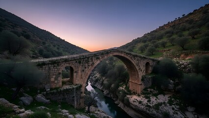 Ancient Lebanese Stone Arch Bridge at Twilight
