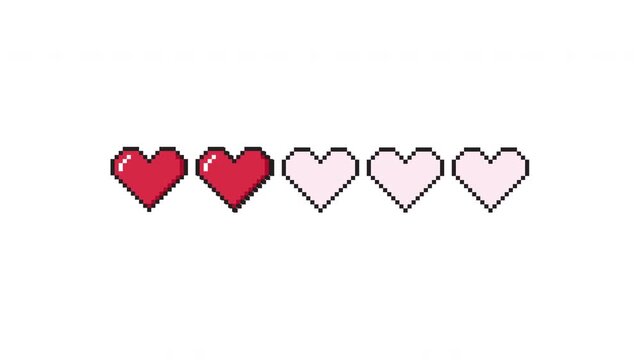 Animated heart progress bar with smoothly shifting hearts moving between active and inactive states representing middle emotional progress in a clean minimal arrangement prores alpha channel 4k 60fps