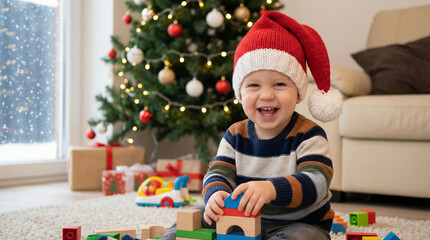 Happy toddler boy in Santa hat playing with wooden toy block near Christmas tree and presents, soft window light, gentle snow falling outside