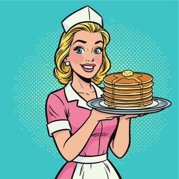 Happy Waitress Serving Delicious Pancakes Retro Pop Art Style