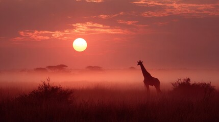 Giraffe silhouette against a hazy sunset in a warm toned african landscape with sparse vegetation