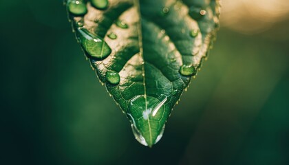 A vibrant green leaf with sparkling water droplets covering its surface and a large clear drop hanging from its tip