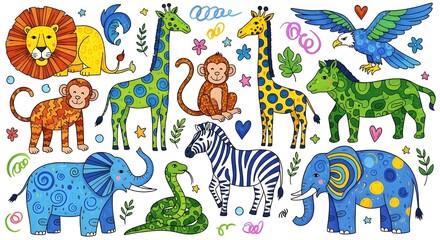 Obraz premium Wild Animals Colorful Doodle Art – Cute and Fun Wildlife