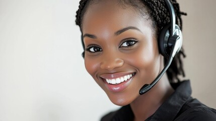 A smiling African American woman with braided hair wearing a headset, looking at the camera.