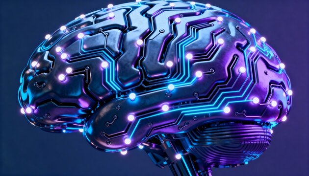 Futuristic metallic brain with illuminated circuit pathways and glowing nodes, representing technology and intelligence
