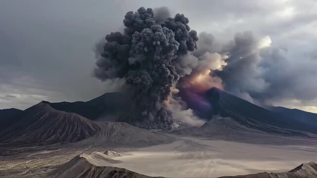 Towering column of volcanic ash rising against a dramatic, moody sky, showcasing the immense scale and raw power of the eruption. Wide shot capturing the full vertical extent of the ash plume from?