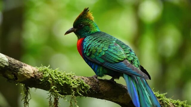 Vibrant avian species perched serenely amidst lush tropical foliage, showcasing its brilliant plumage and natural habitat. Static, tranquil shot emphasizing the bird's beauty and its pristine?