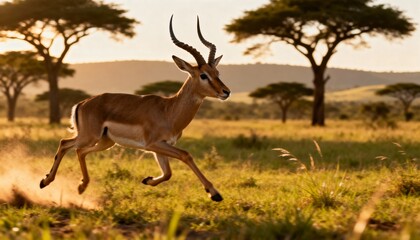 Obraz premium Majestic antelope sprints through sun-drenched savanna, dust swirling, iconic acacia trees silhouetted against golden hour sky
