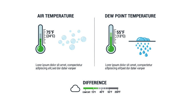 Comparative analysis of air and dew point temperatures with visual indicators providing context
