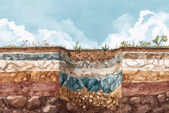Detailed illustration of soil layers highlighting geological features and plant life in a natural environment