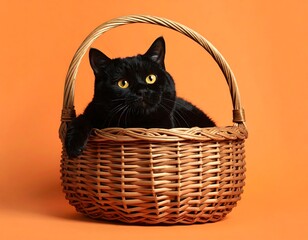 Black cat with yellow eyes relaxes in a woven basket on orange background
