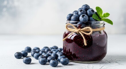 Blueberry Bounty: An enticing image of a jar overflowing with ripe, plump blueberries. Beside it, a generous scattering of berries spills out, offering a visual treat.