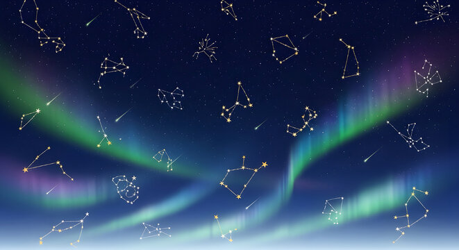 A magical, dark blue winter night sky with bright, shiny Christmas stars and abstract cosmic galaxy light