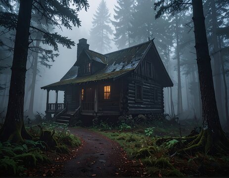 Rustic log cabin illuminated in a misty, dense forest