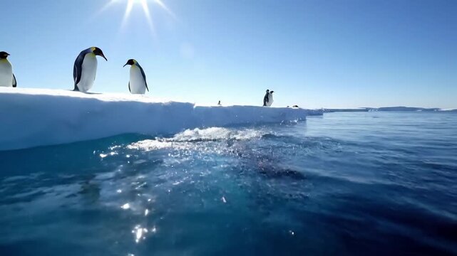 A pristine Antarctic landscape showcasing the raw, untouched beauty of ice formations and snow, serving as the natural habitat for a colony of penguins.