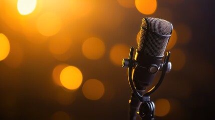 A microphone with a blurred background of warm, glowing lights.