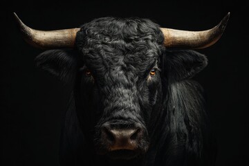 Naklejka premium Majestic black bull gazing intensely in a dark setting with striking features and details