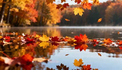 Serene autumn foliage floats on calm lake water with vibrant red and yellow maple leaves reflecting in the still surface
