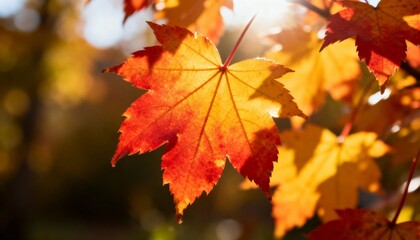 Obraz premium Vibrant autumn maple leaf illuminated by warm sunlight, showcasing rich red and orange hues, suggesting natural beauty and seasonal change.