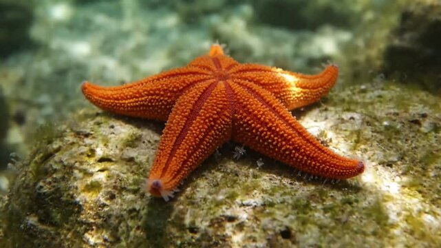 Macro shot of a vibrant sea star's textured surface, revealing intricate patterns and tube feet subtly moving on a rock or coral. Close up detail starfish, sea star, underwater, marine life, ocean,?
