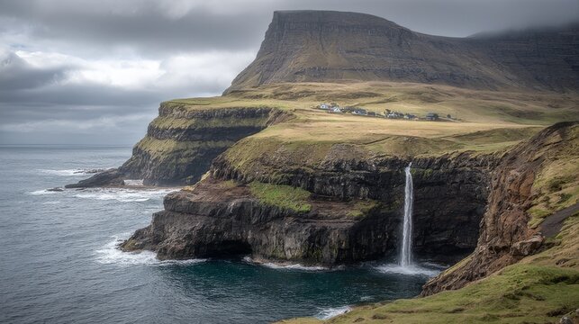 Dramatic view of sørvágsvatn lake meeting the atlantic ocean with sheer coastal cliffs and cascading waterfall on the western faroe islands under clear daylight sky