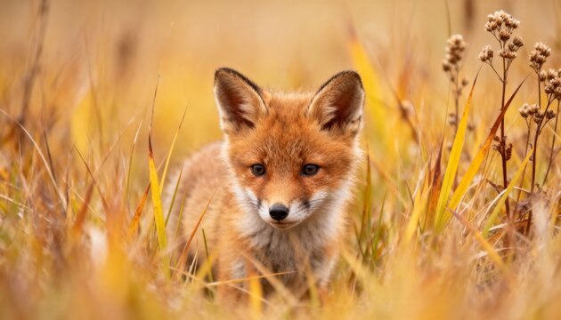 Adorable red fox cub peeking through golden autumn grass with soft, warm light and shallow depth of field