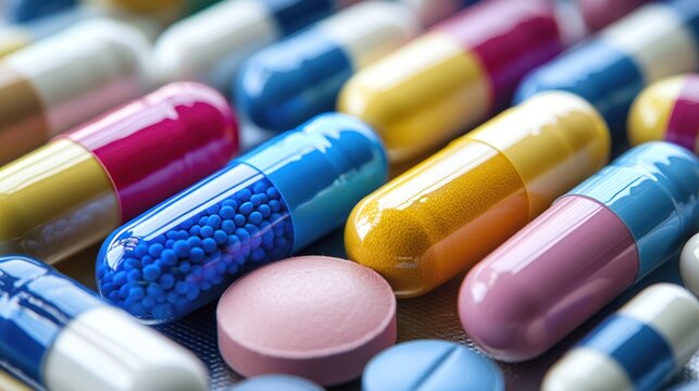 A colorful assortment of pills and capsules on a blue and white background.