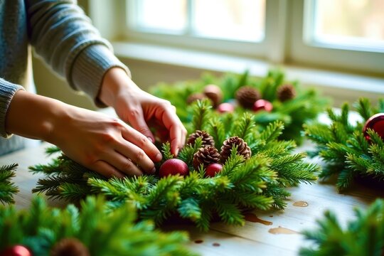A person is decorating a Christmas tree with pine cones