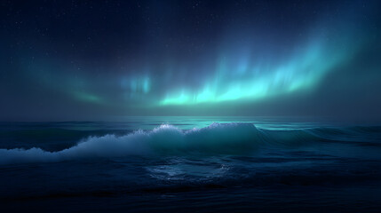 Naklejka premium Aurora Borealis Over Ocean: The magical Aurora Borealis dances across the night sky, illuminating the rolling ocean waves below with an ethereal glow.