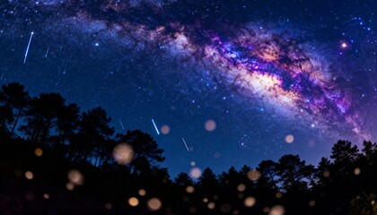 Majestic Milky Way galaxy arching over silhouetted pine forest under a starry night sky with shooting star streaks and bokeh effect