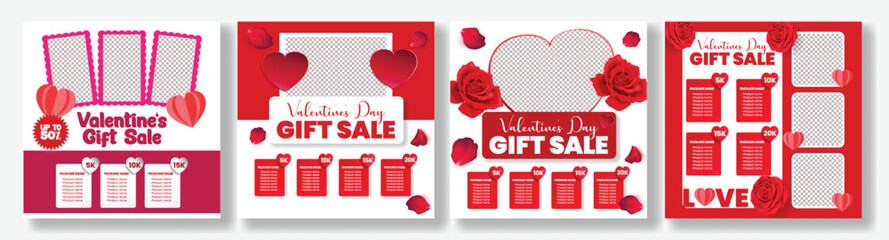 Valentine’s Day Gift packages Sale Promotional Social Media Posts Pack with Heart Illustration, Web Banner Collection, Square Flyer Poster Design Bundle, Greeting Card Invitation Template Background