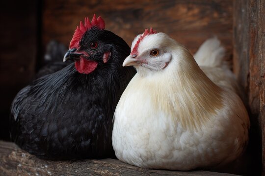 Two chickens rest side by side in a cozy, wooden coop during a calm afternoon on a farm - Powered by Adobe