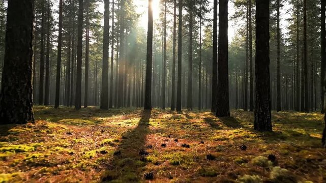 Sunlight piercing through the dense, towering canopy of an ancient pine forest, creating dramatic light shafts and dappled patterns on the forest floor.