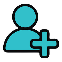 Fototapeta premium Stylized turquoise user icon with a plus sign for adding a new friend or contact.
